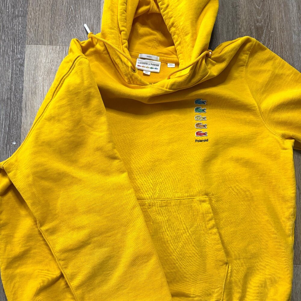 Lacoste x Polaroid Hoodie Collab Mens Large Yellow Pullover Sweatshirt Rare